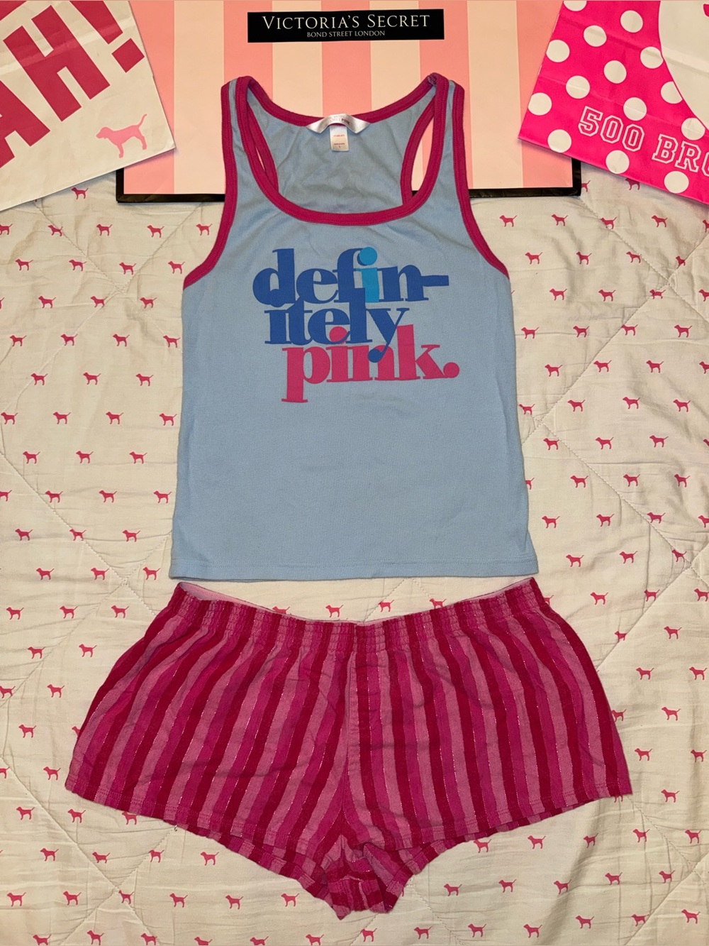 VS PINK VINTAGE Y2K SET TANK TOP & BOXER SHORTS “DEFINITELY PINK” LOGO RARE M